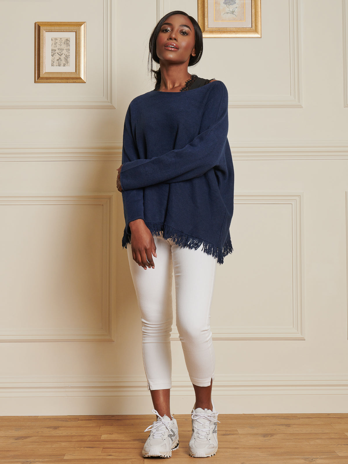Made In Italy Knitted Fringe Detail Jumper, Navy
