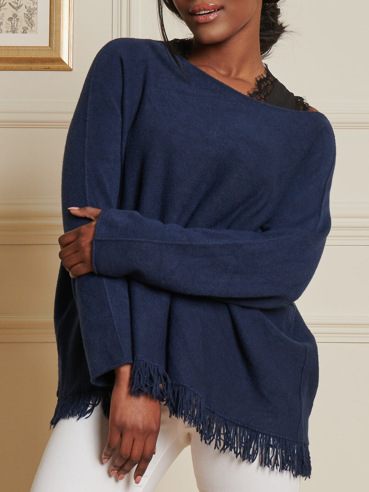 Made In Italy Knitted Fringe Detail Jumper, Navy