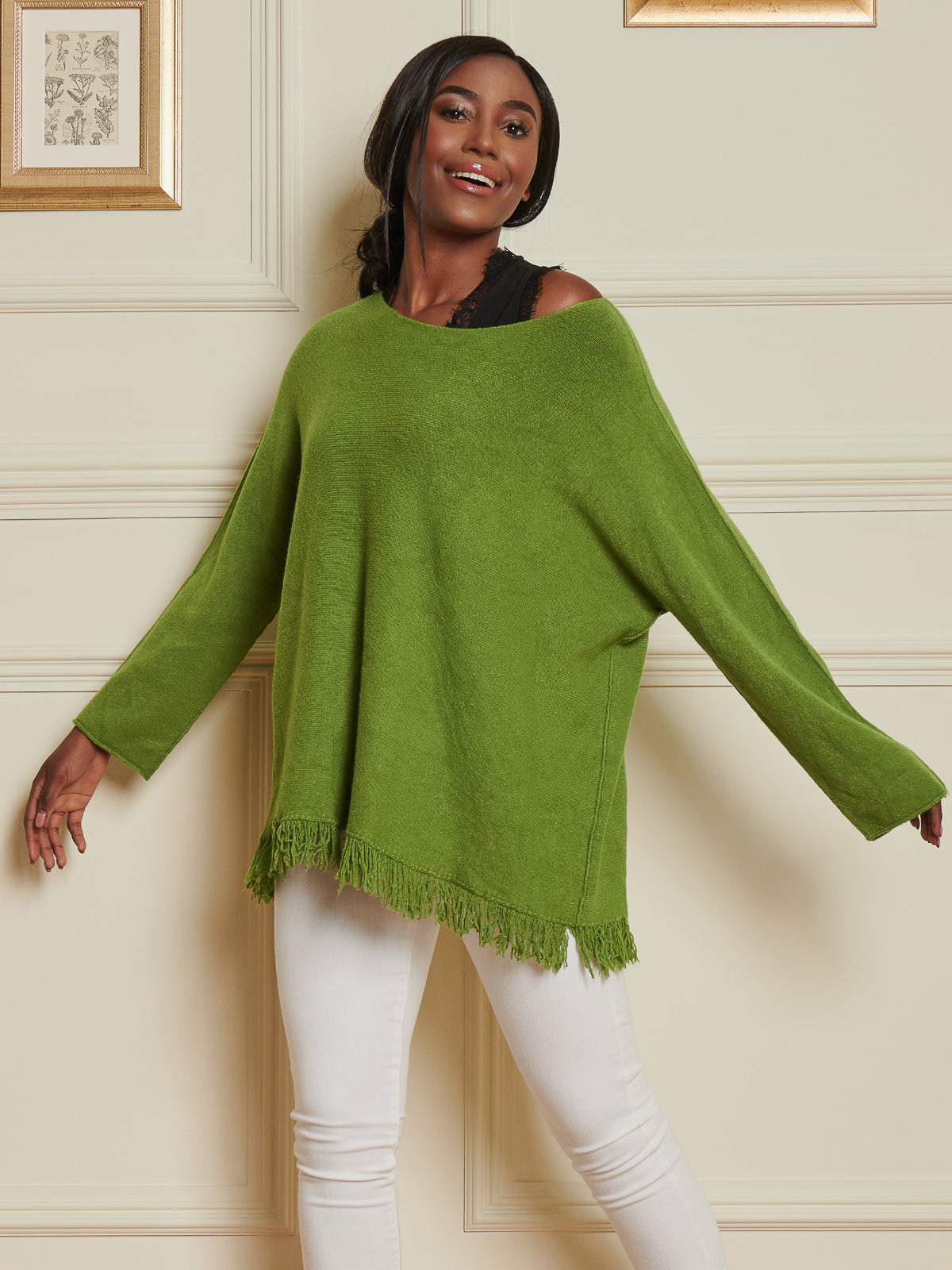 Made In Italy Knitted Fringe Detail Jumper, Olive Green