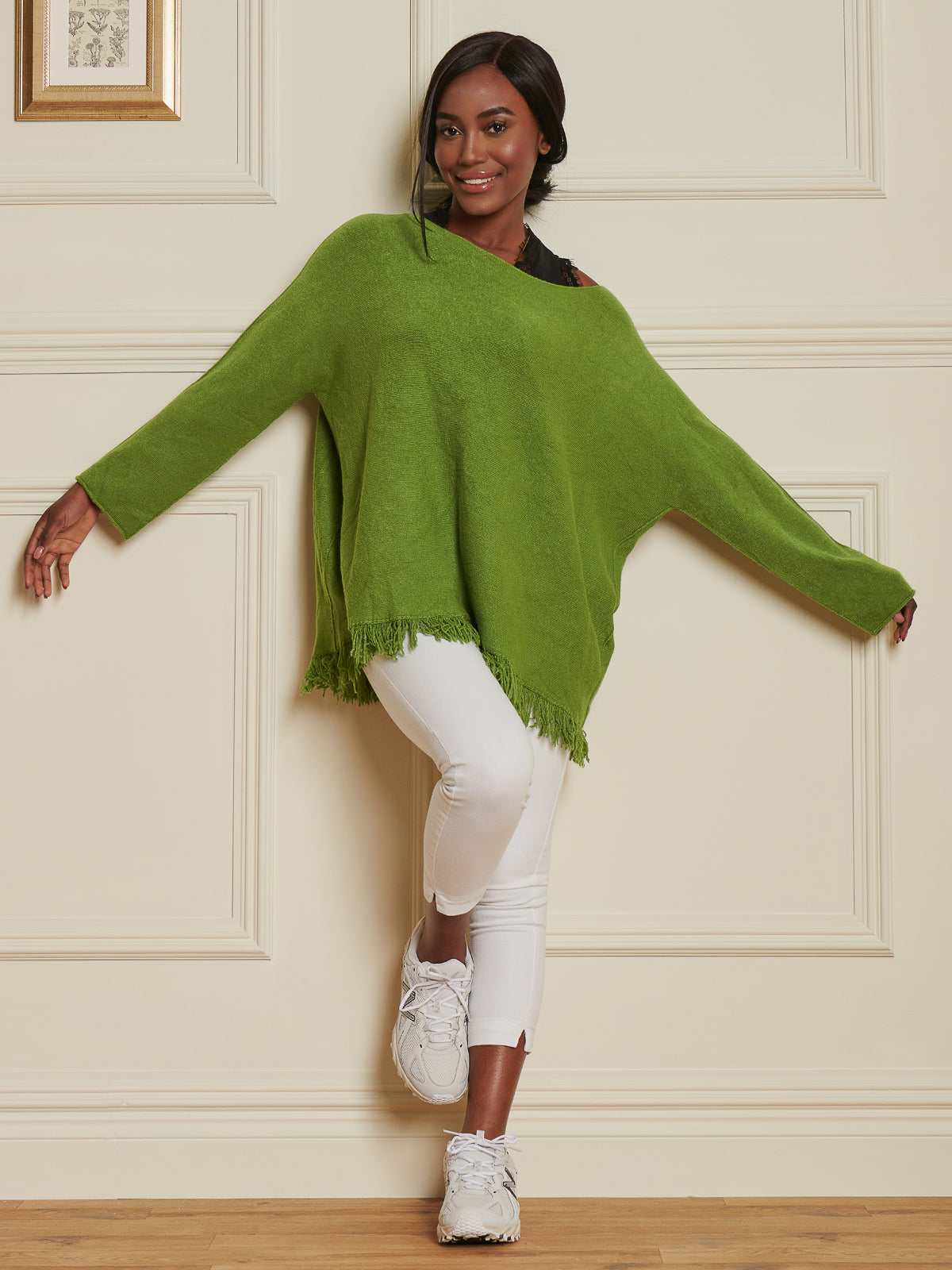 Made In Italy Knitted Fringe Detail Jumper, Olive Green