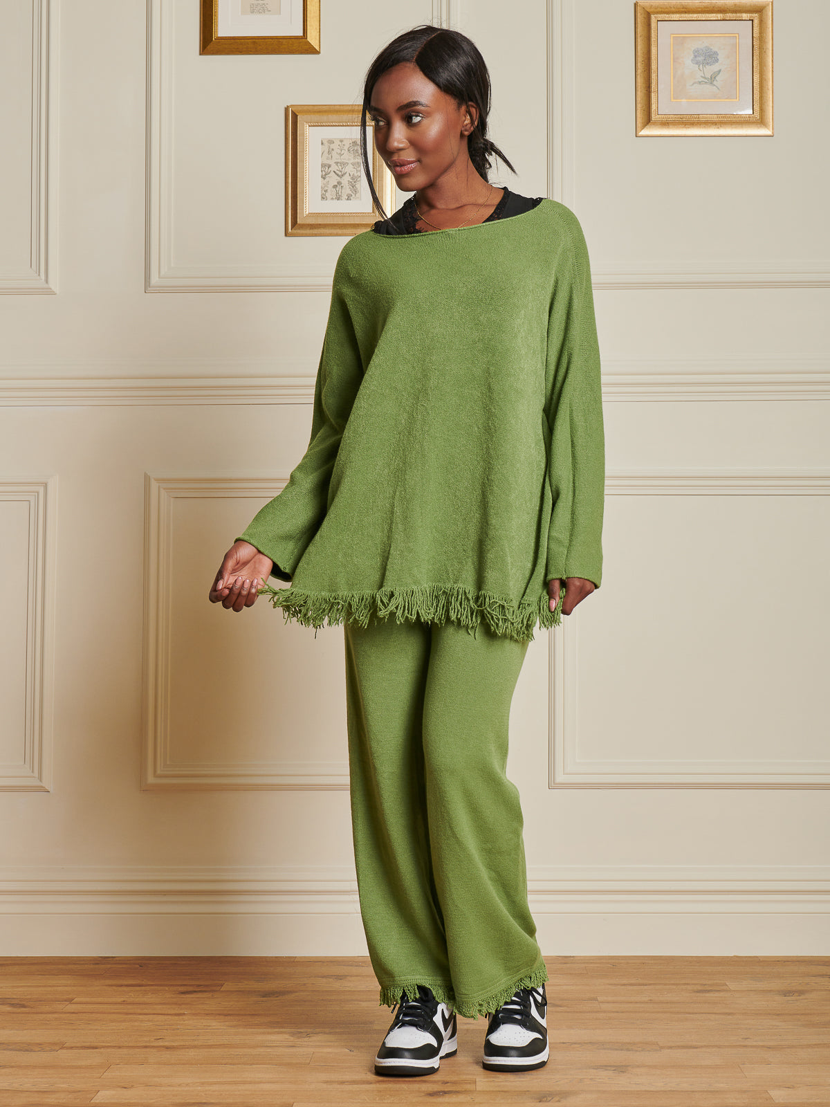Made In Italy Knitted Fringe Detail Jumper, Olive Green