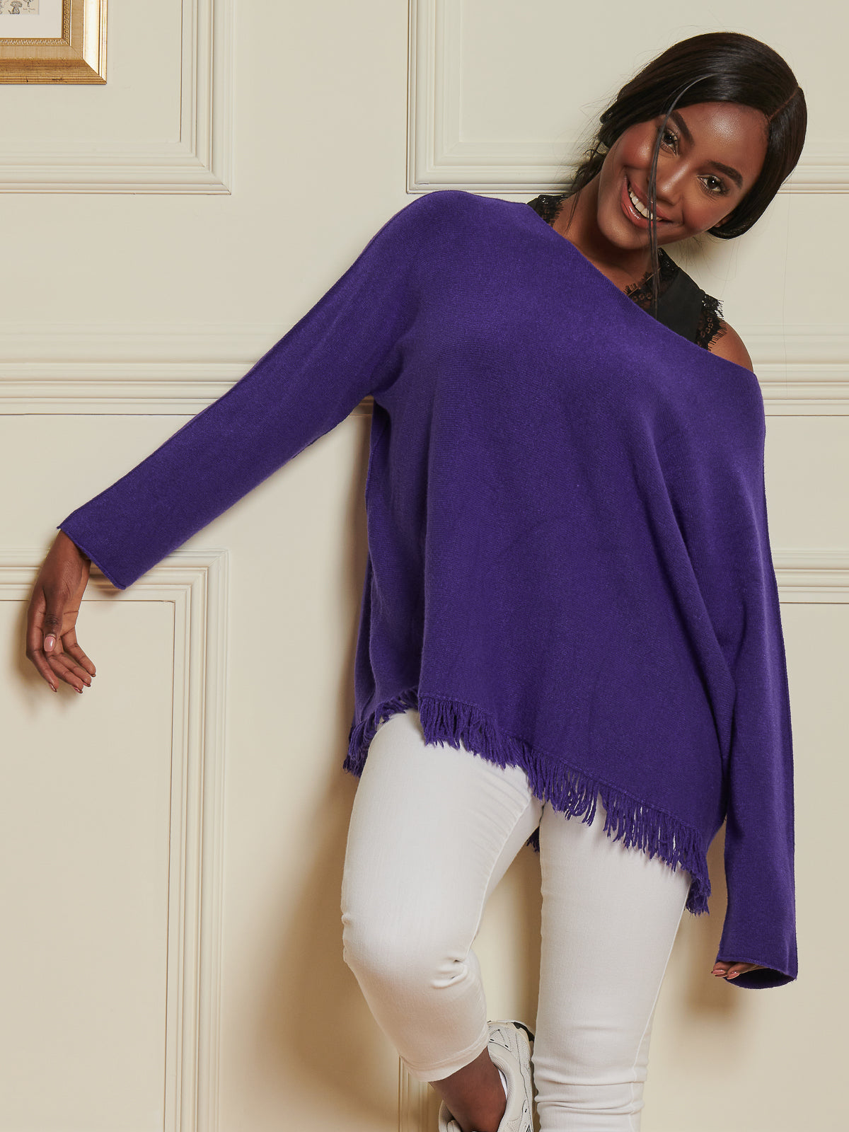 Made In Italy Knitted Fringe Detail Jumper, Purple