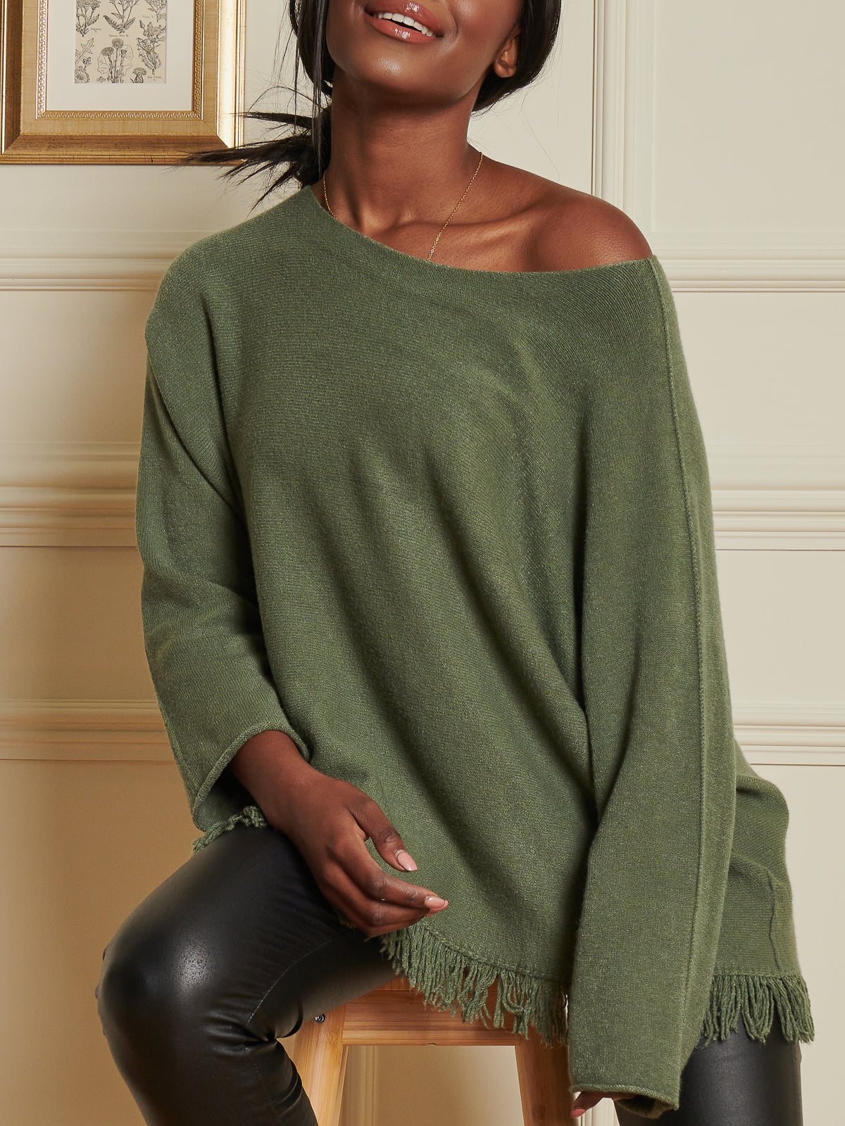 Made In Italy Knitted Fringe Detail Jumper, Soldier Green