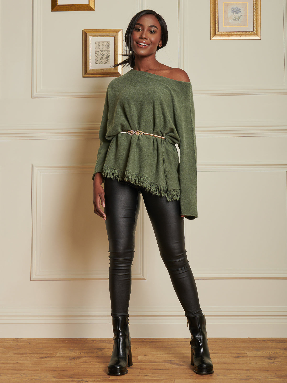 Made In Italy Knitted Fringe Detail Jumper, Soldier Green
