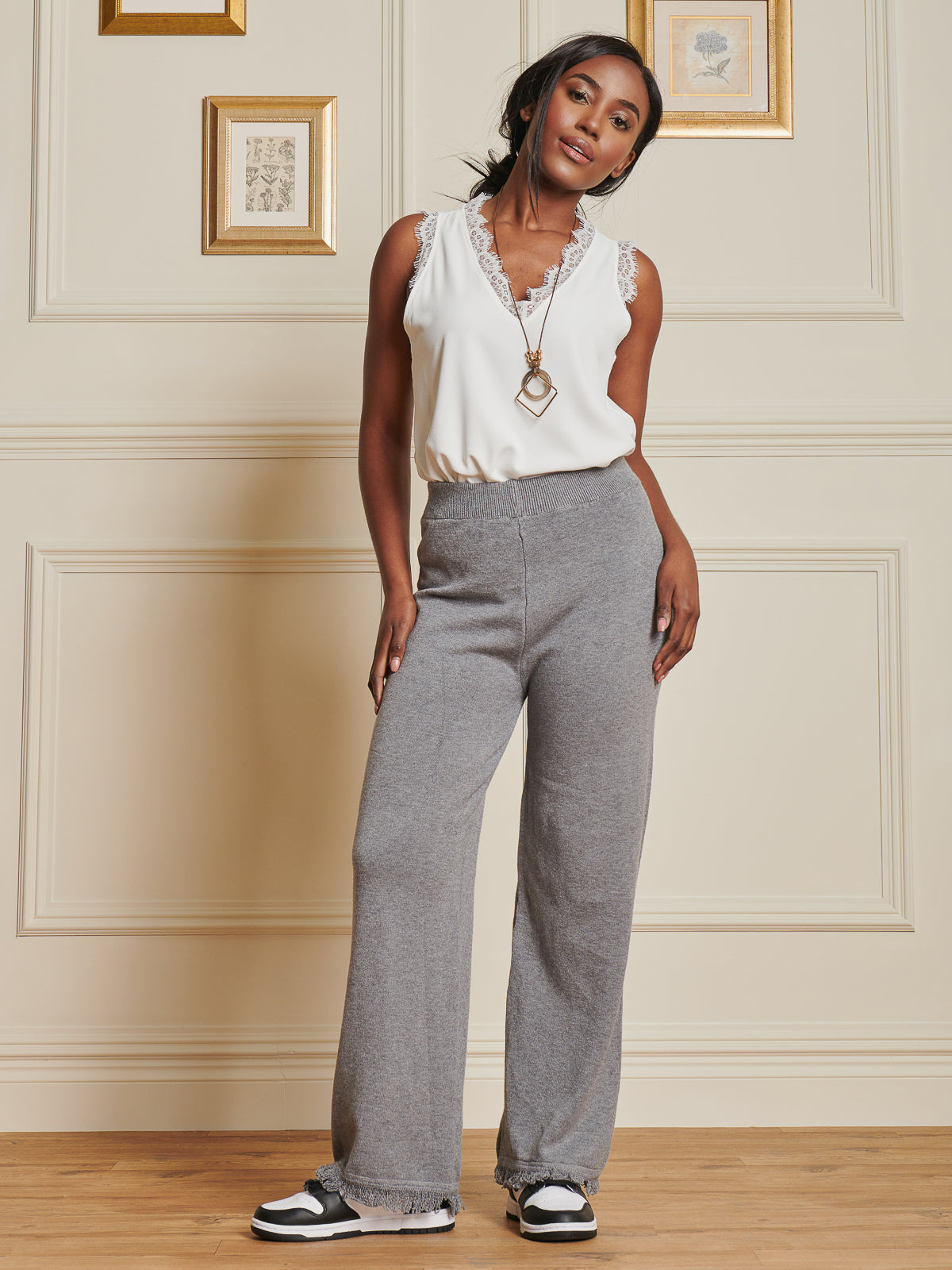 Made In Italy Knitted Fringe Detail Trousers, Grey
