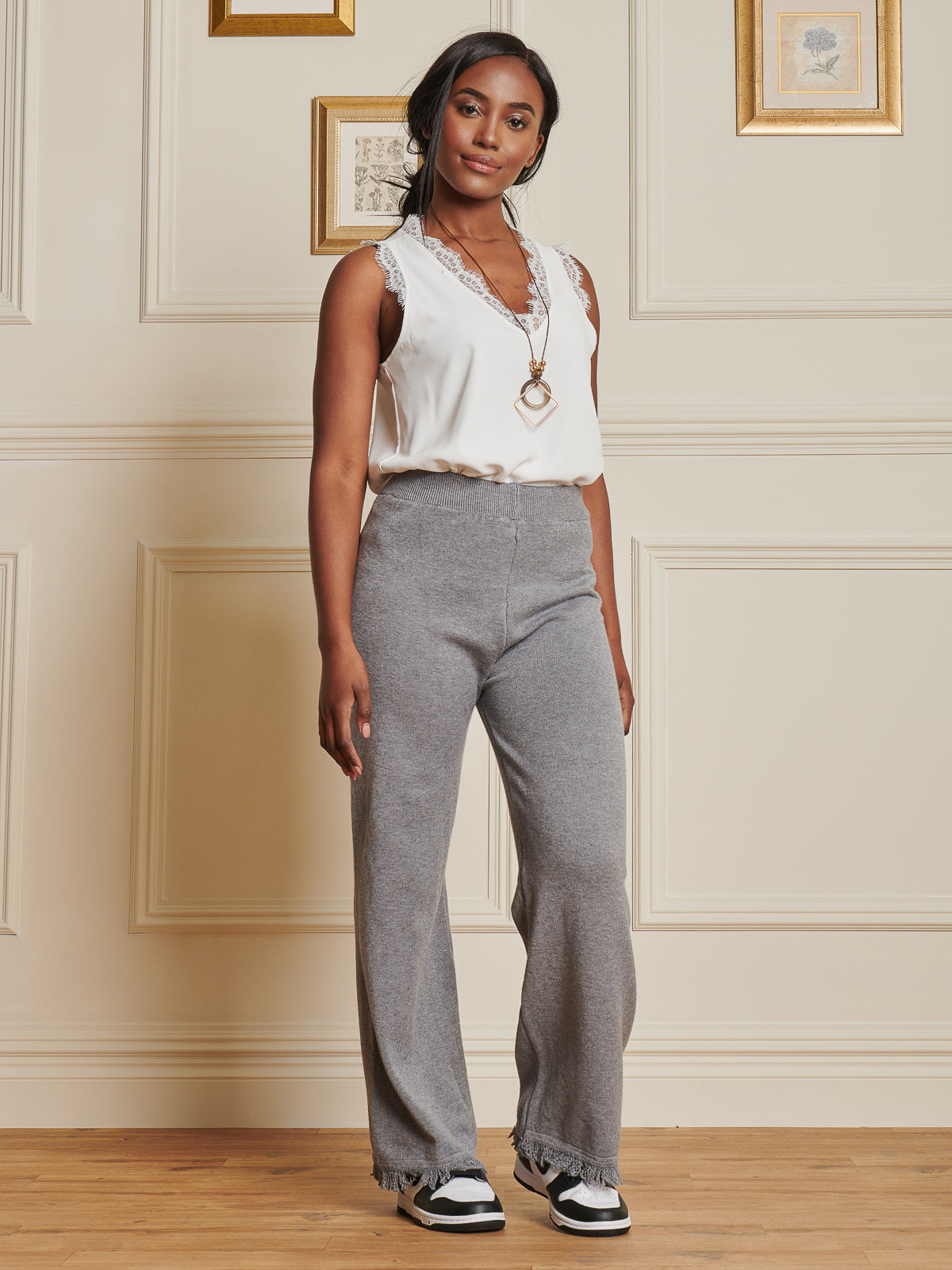 Made In Italy Knitted Fringe Detail Trousers, Grey