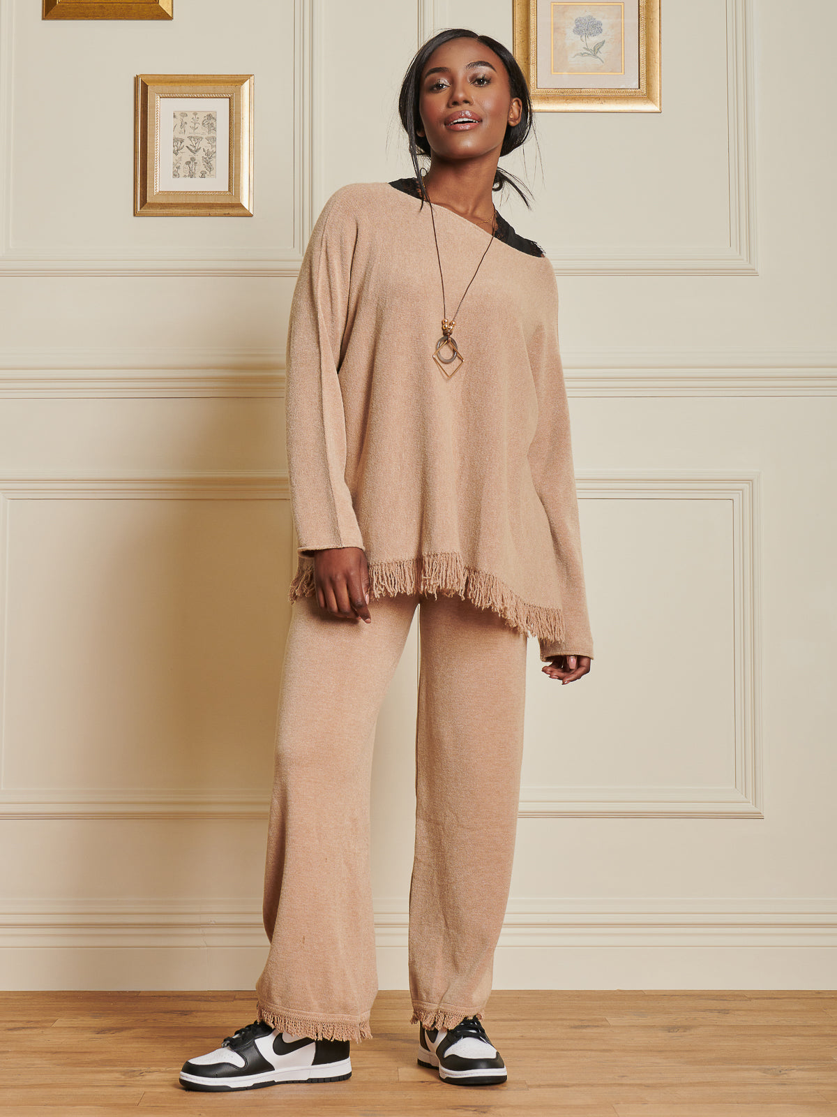 Made In Italy Knitted Fringe Detail Trousers, Khaki