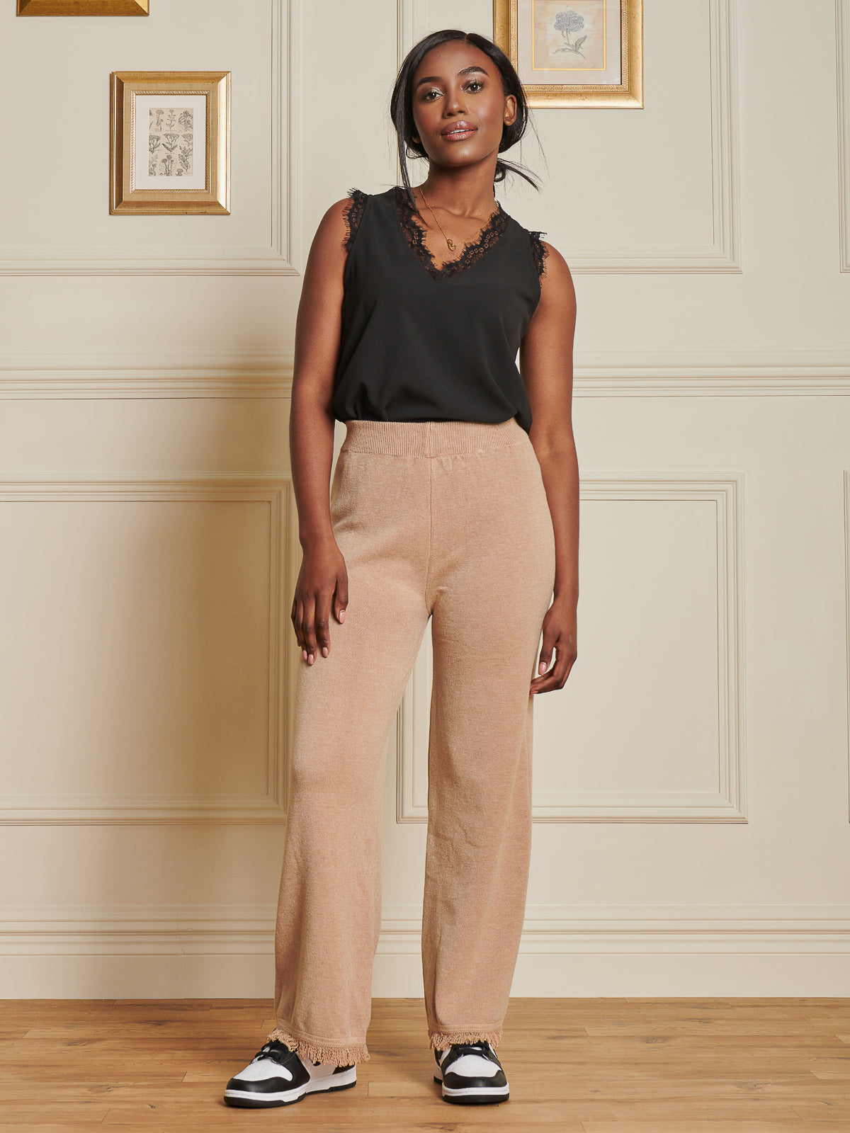Made In Italy Knitted Fringe Detail Trousers, Khaki