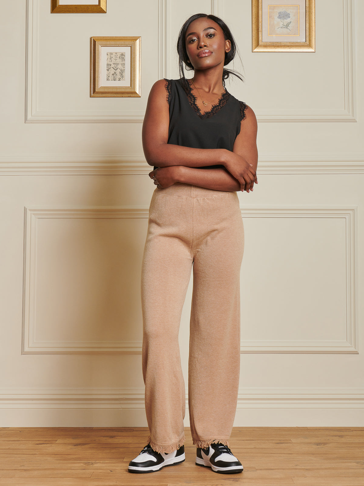 Made In Italy Knitted Fringe Detail Trousers, Khaki