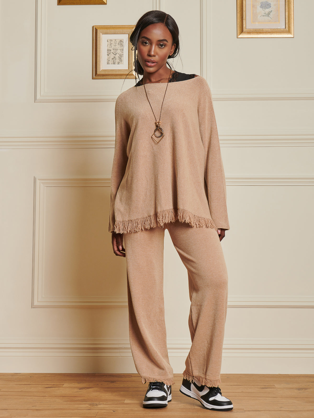 Made In Italy Knitted Fringe Detail Jumper, Khaki