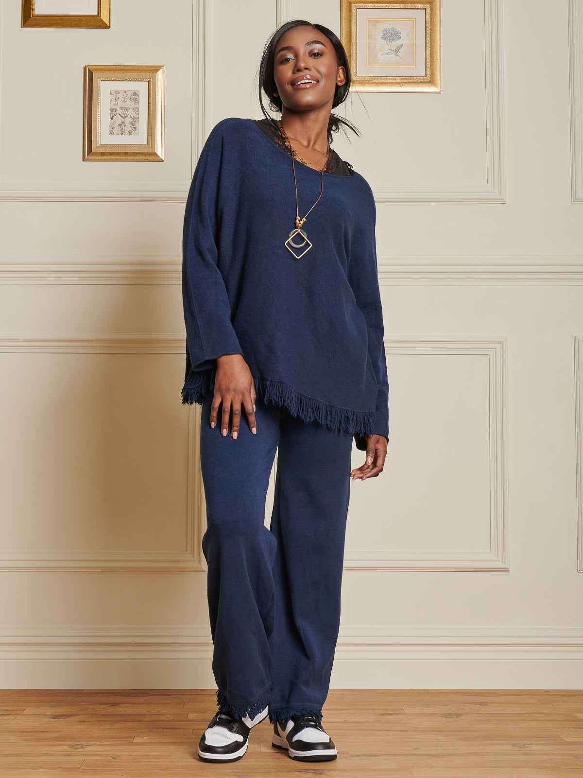 Made In Italy Knitted Fringe Detail Trousers, Navy