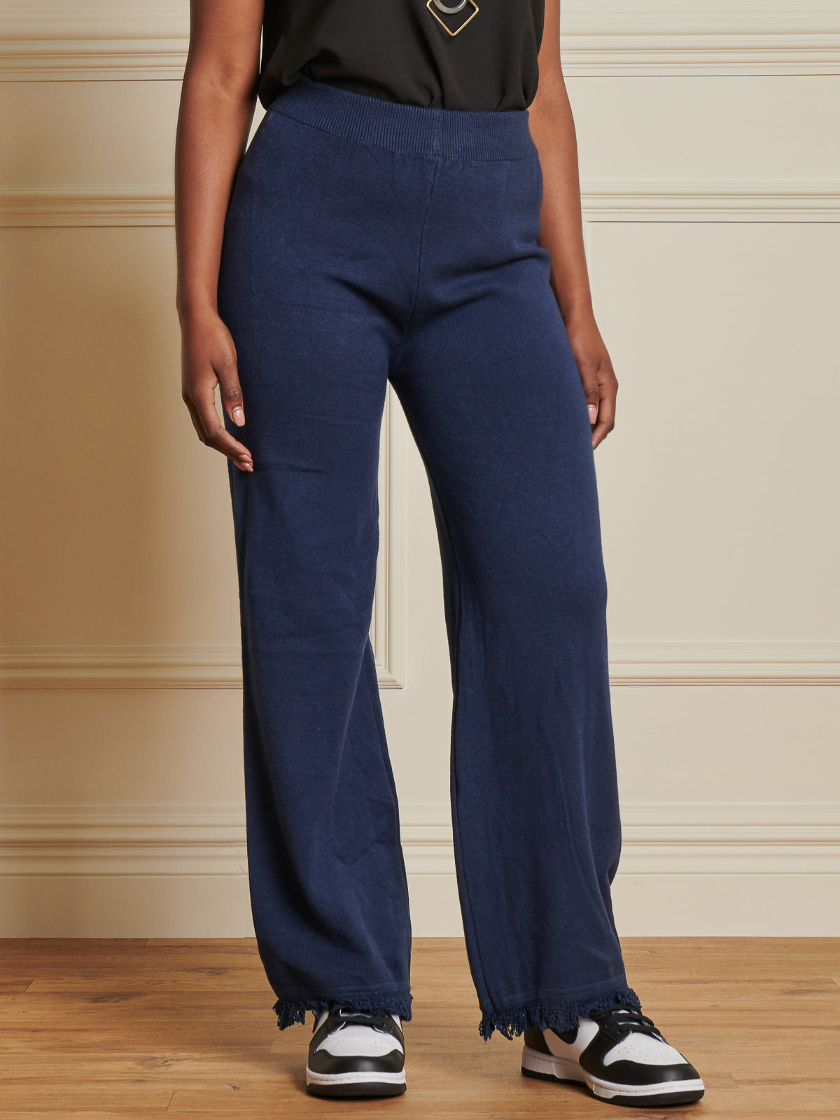 Made In Italy Knitted Fringe Detail Trousers, Navy
