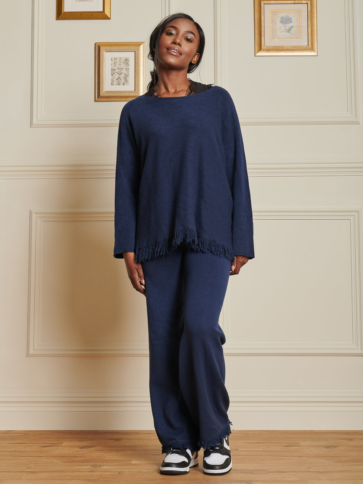 Made In Italy Knitted Fringe Detail Jumper, Navy
