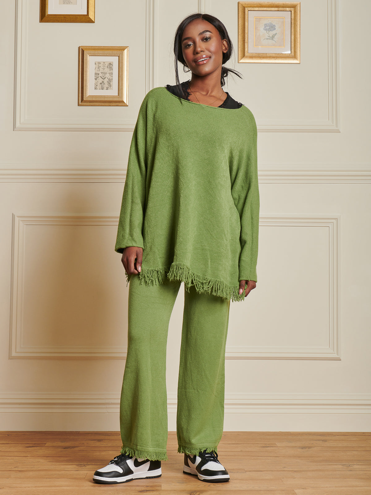 Made In Italy Knitted Fringe Detail Trousers, Olive Green