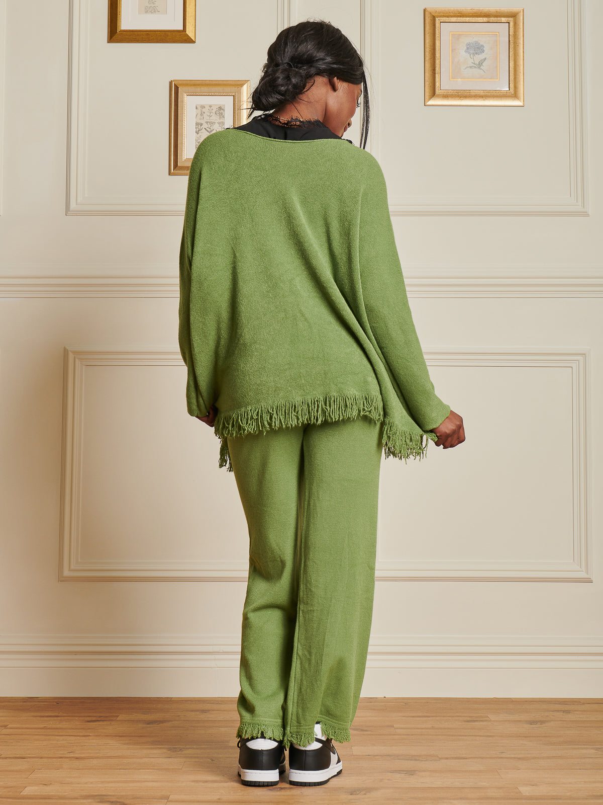 Made In Italy Knitted Fringe Detail Trousers, Olive Green