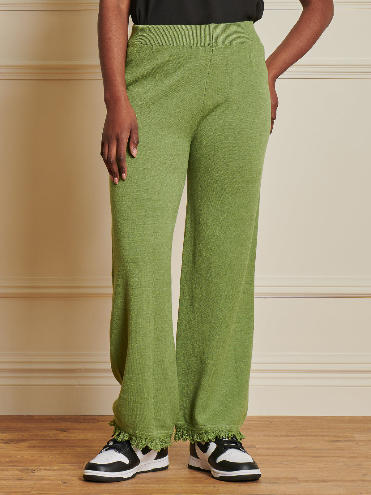 Made In Italy Knitted Fringe Detail Trousers, Olive Green
