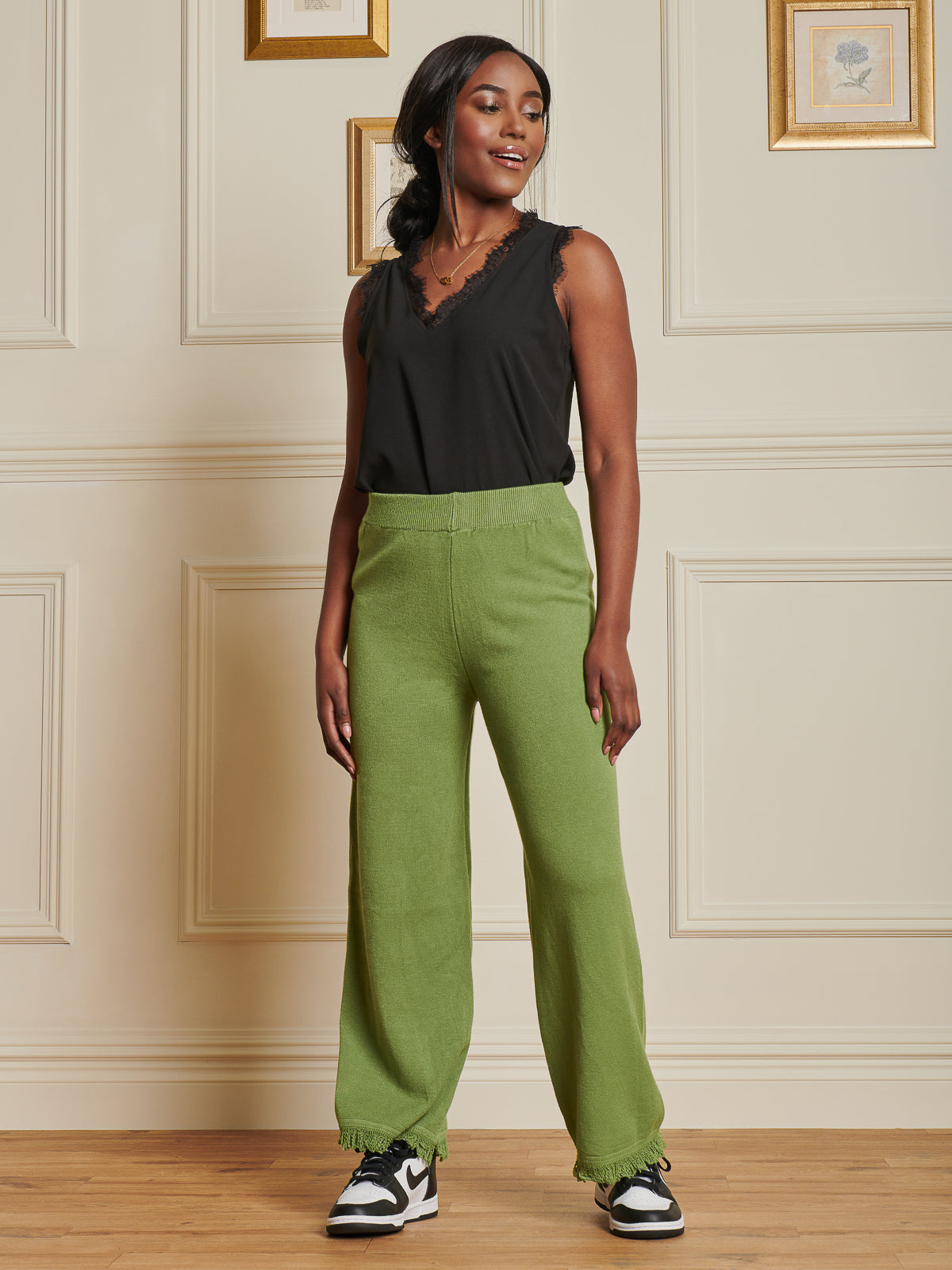 Made In Italy Knitted Fringe Detail Trousers, Olive Green