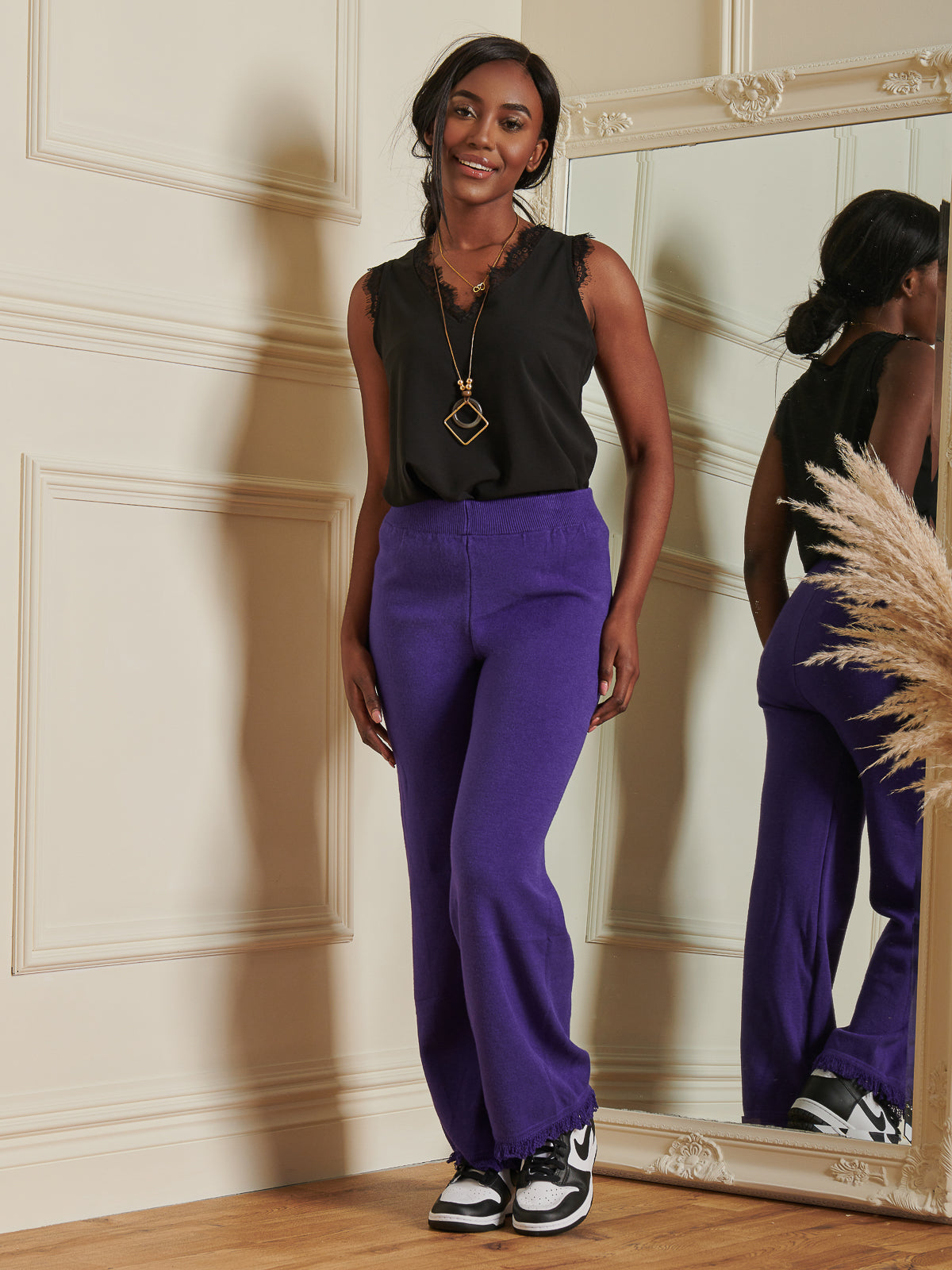 Made In Italy Knitted Fringe Detail Trousers, Purple