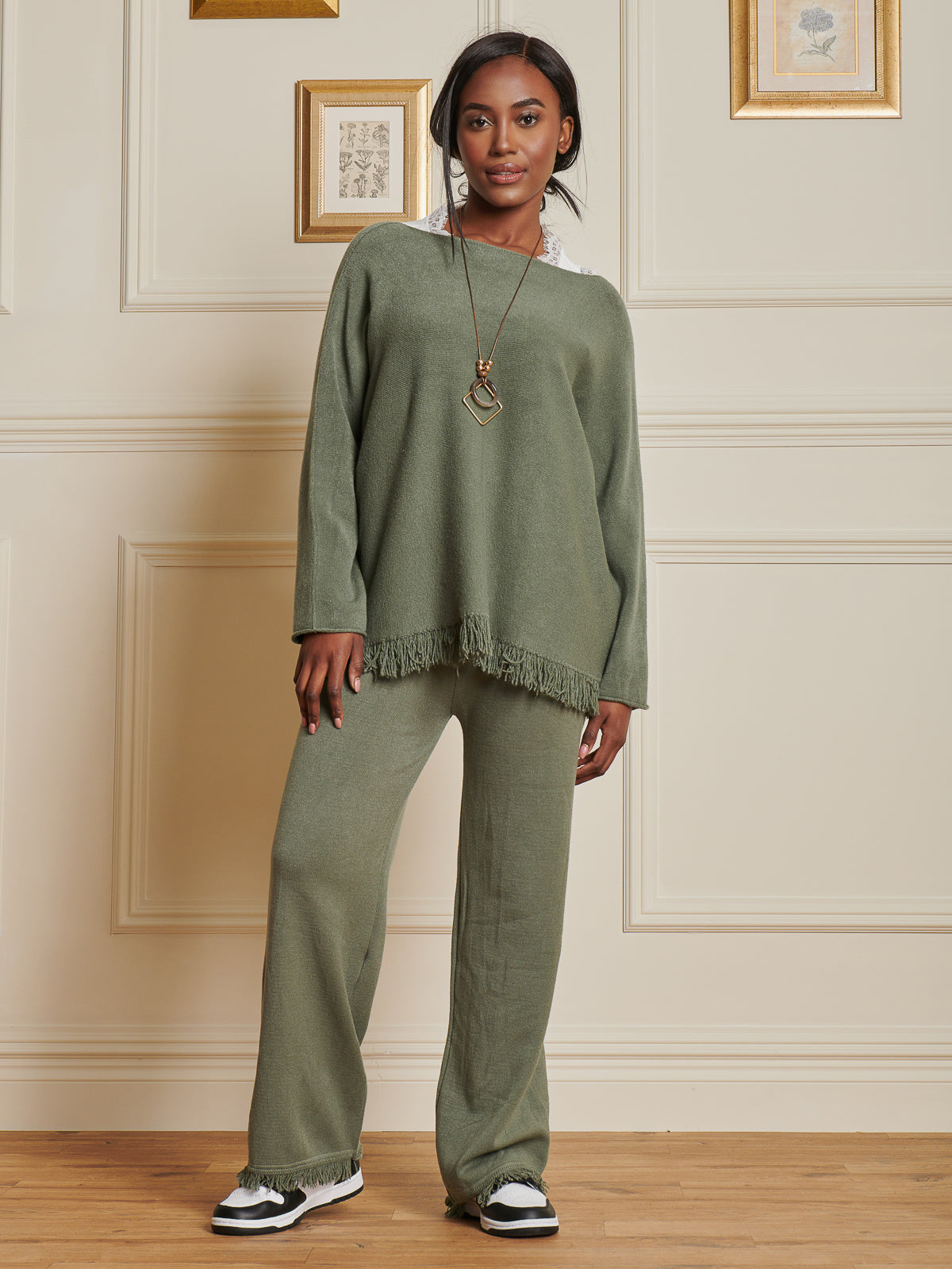 Made In Italy Knitted Fringe Detail Trousers, Soldier Green