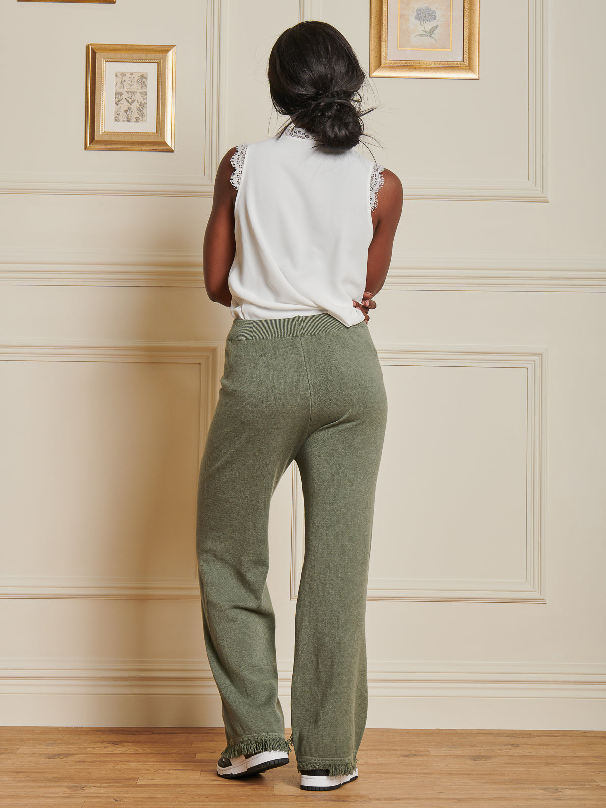 Made In Italy Knitted Fringe Detail Trousers, Soldier Green