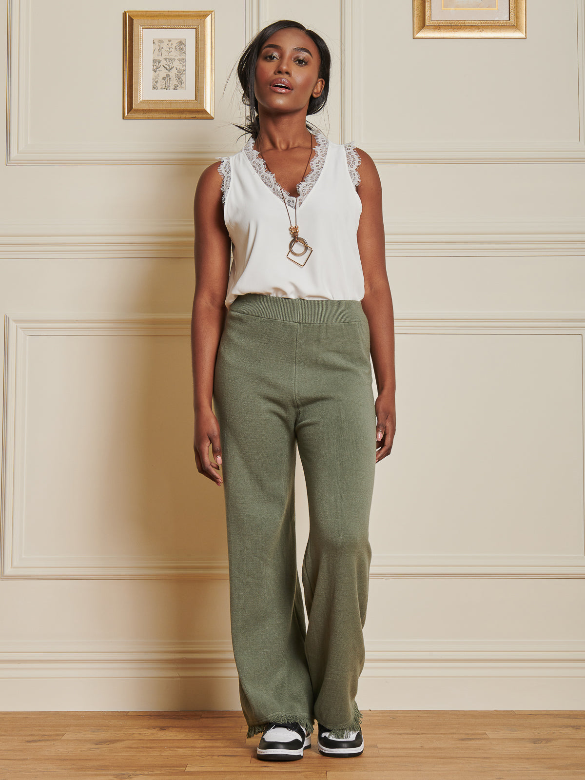 Made In Italy Knitted Fringe Detail Trousers, Soldier Green
