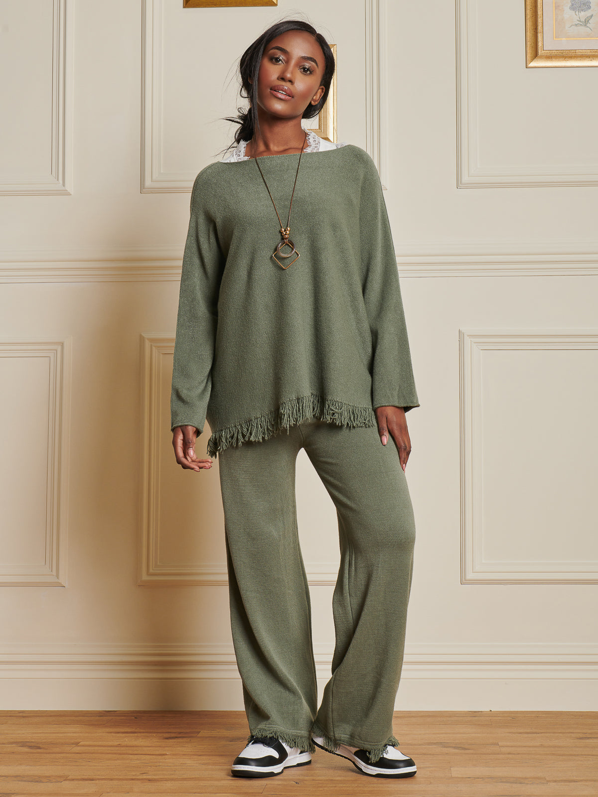 Made In Italy Knitted Fringe Detail Jumper, Soldier Green