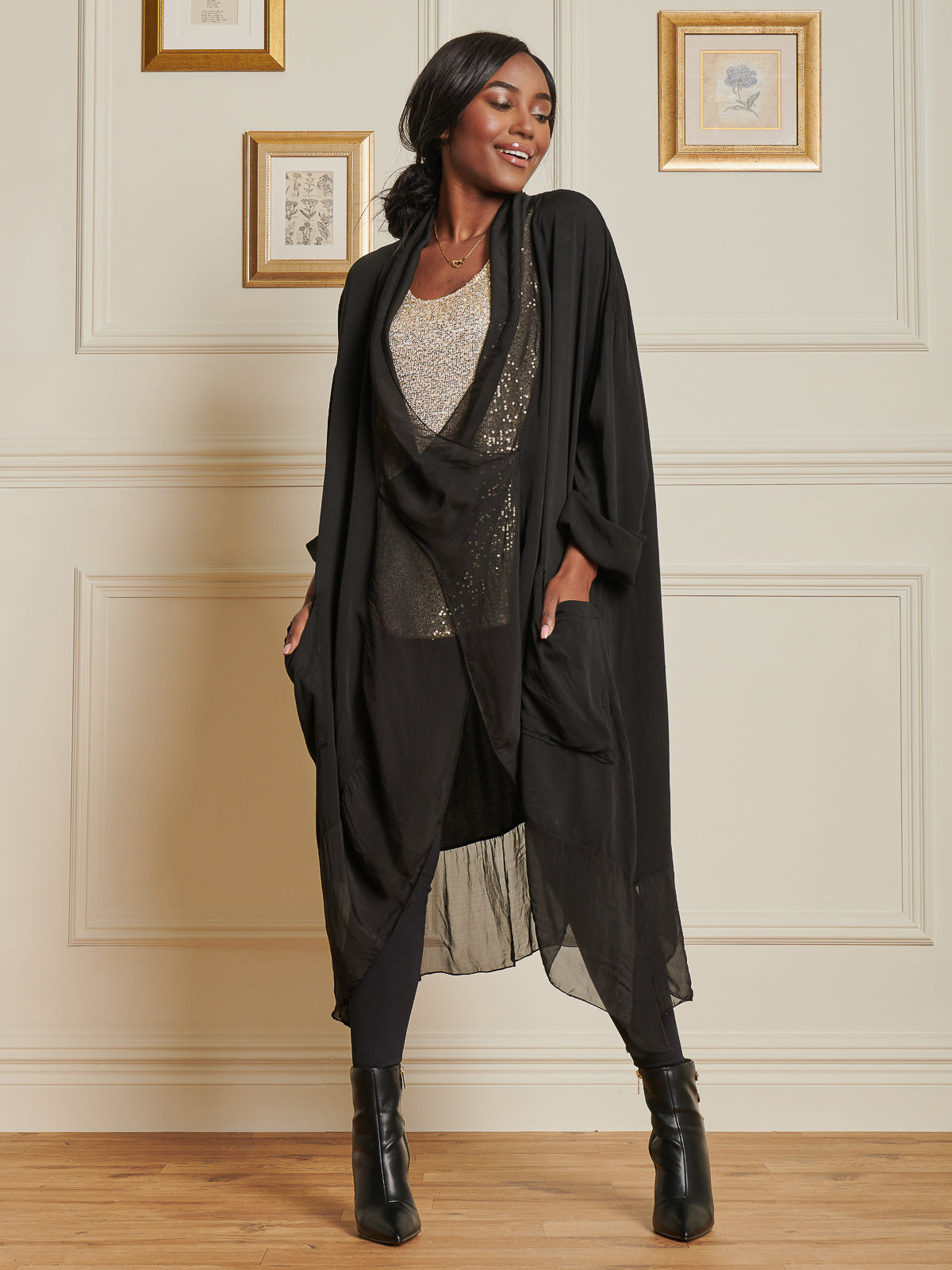 Made In Italy Silk Trim Tunic Maxi Dress, Black