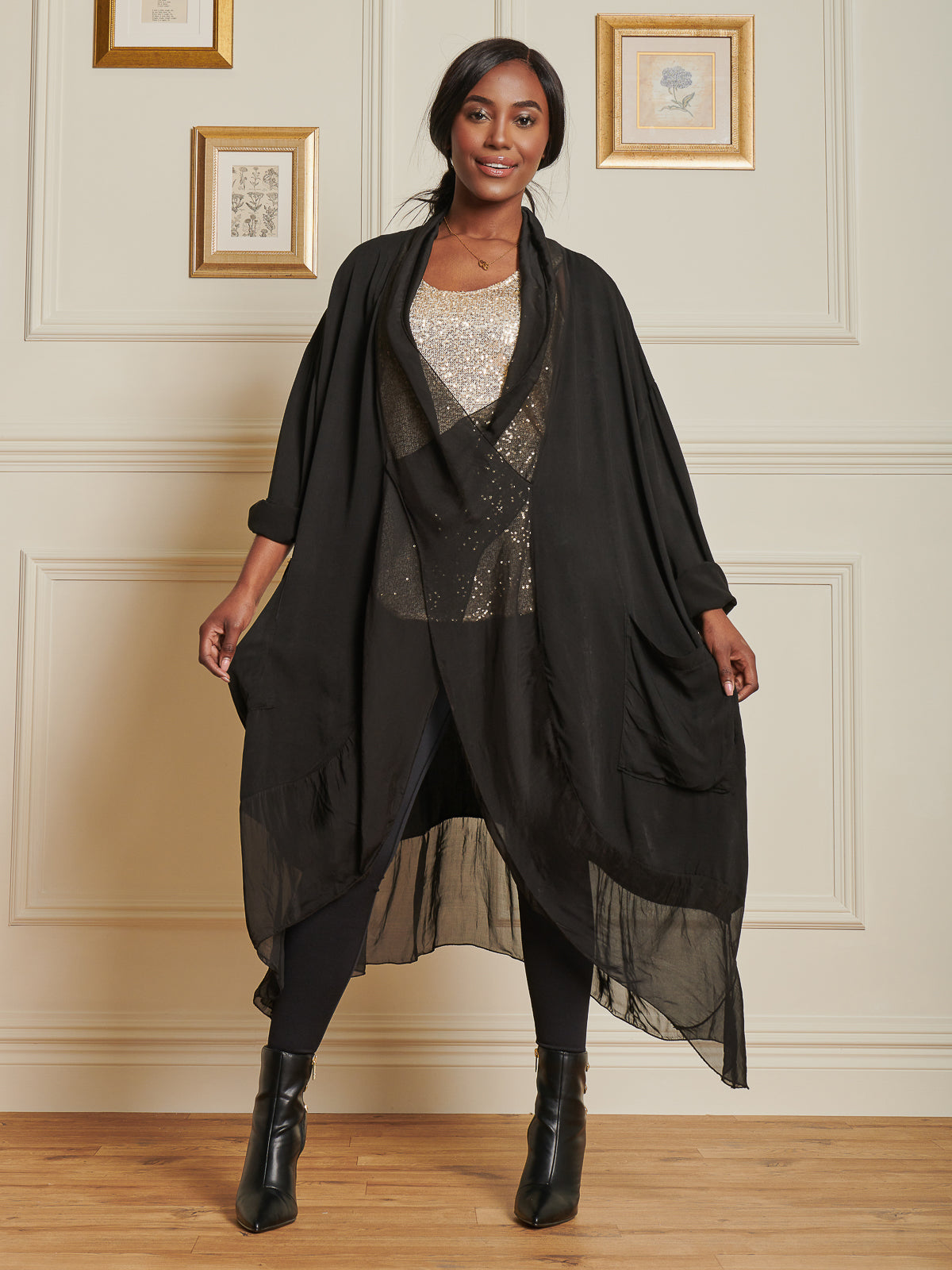 Made In Italy Silk Trim Tunic Maxi Dress, Black