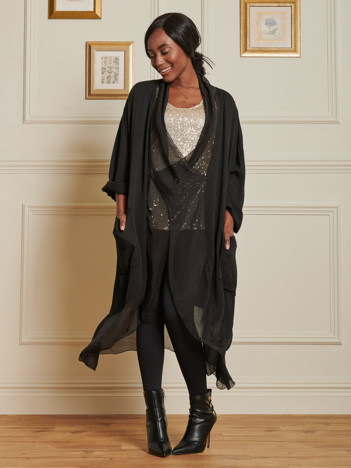 Made In Italy Silk Trim Tunic Maxi Dress, Black