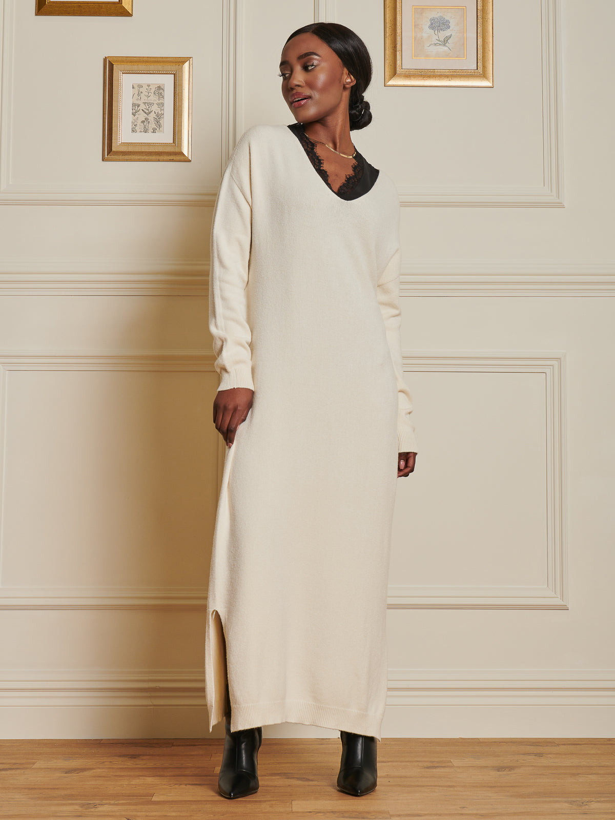 Made In Italy V-Neck Knitted Longline Dress, Beige Heather