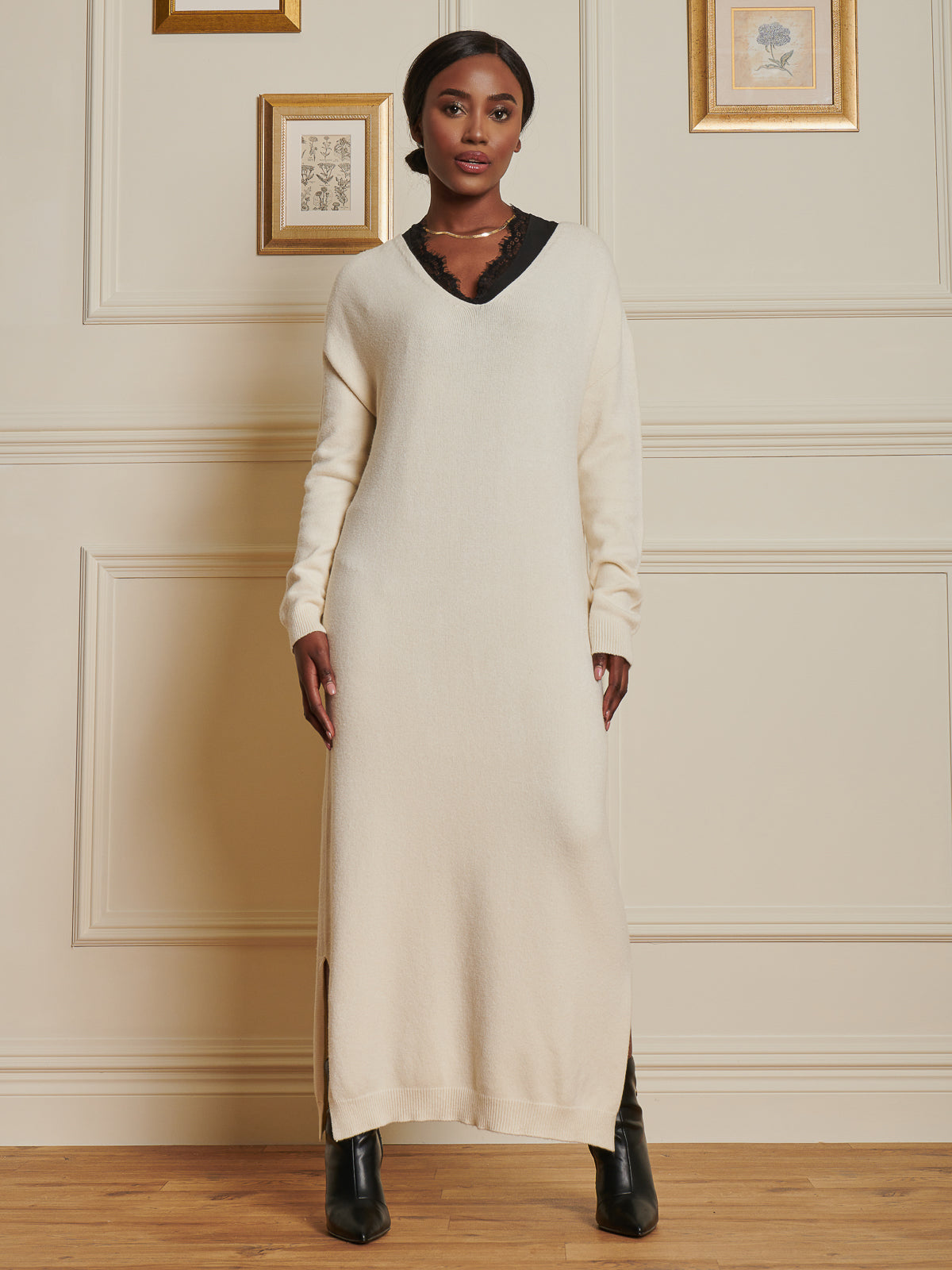 Made In Italy V-Neck Knitted Longline Dress, Beige Heather