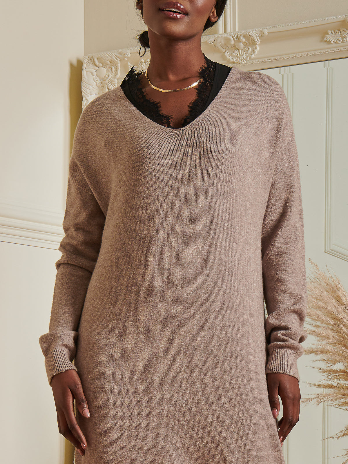 Made In Italy V-Neck Knitted Longline Dress, Dusky Rose