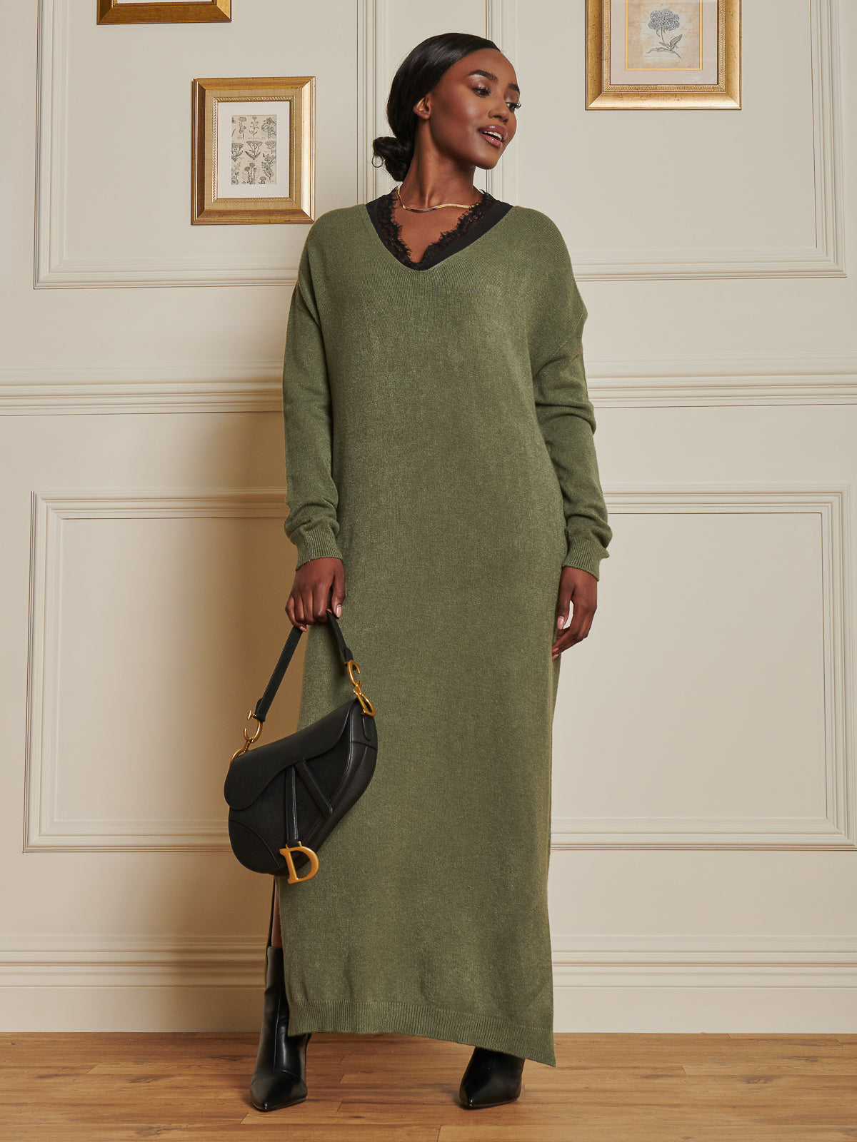 Made In Italy V-Neck Knitted Longline Dress, Soldier Green