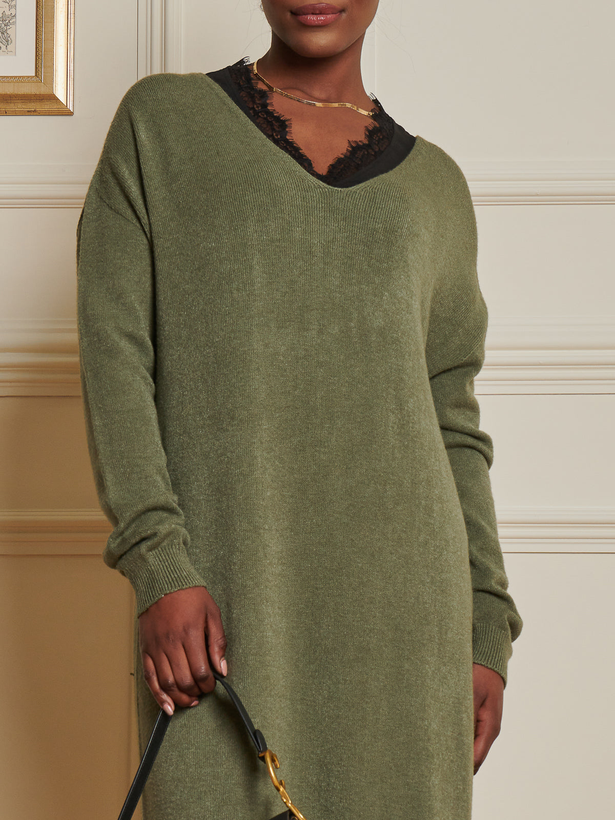 Made In Italy V-Neck Knitted Longline Dress, Soldier Green