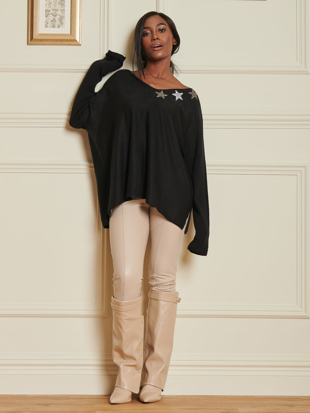 Made In Italy Knitted Rhinestone Star Neck Jumper, Black