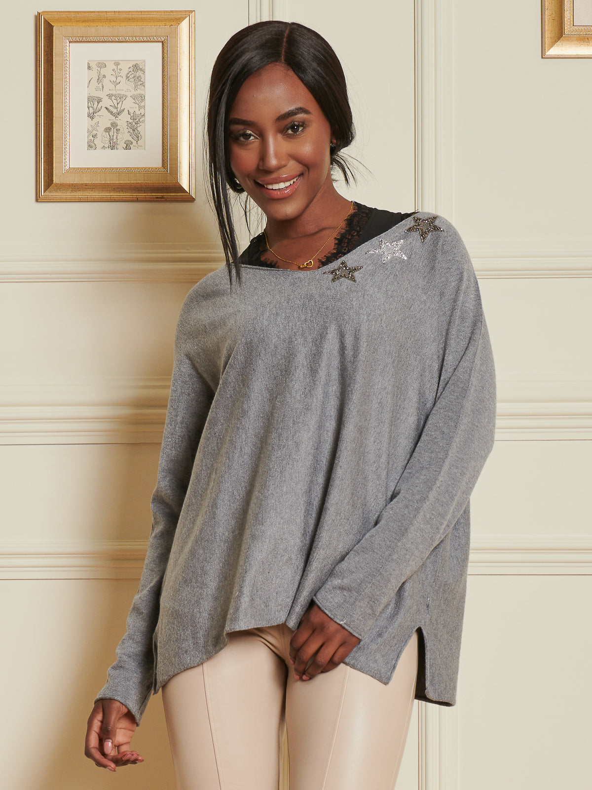 Made In Italy Knitted Rhinestone Star Neck Jumper, Grey