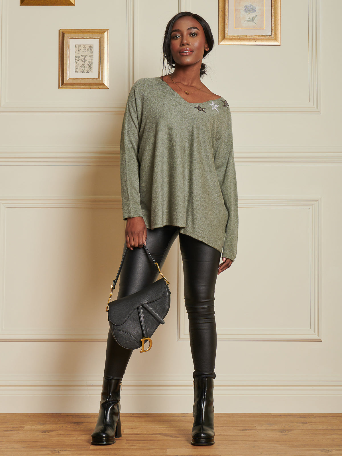 Made In Italy Knitted Rhinestone Star Neck Jumper, Khaki Green