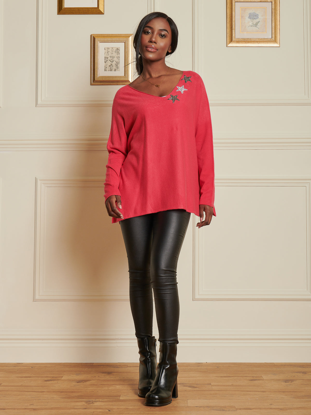 Made In Italy Knitted Rhinestone Star Neck Jumper, Punch Pink