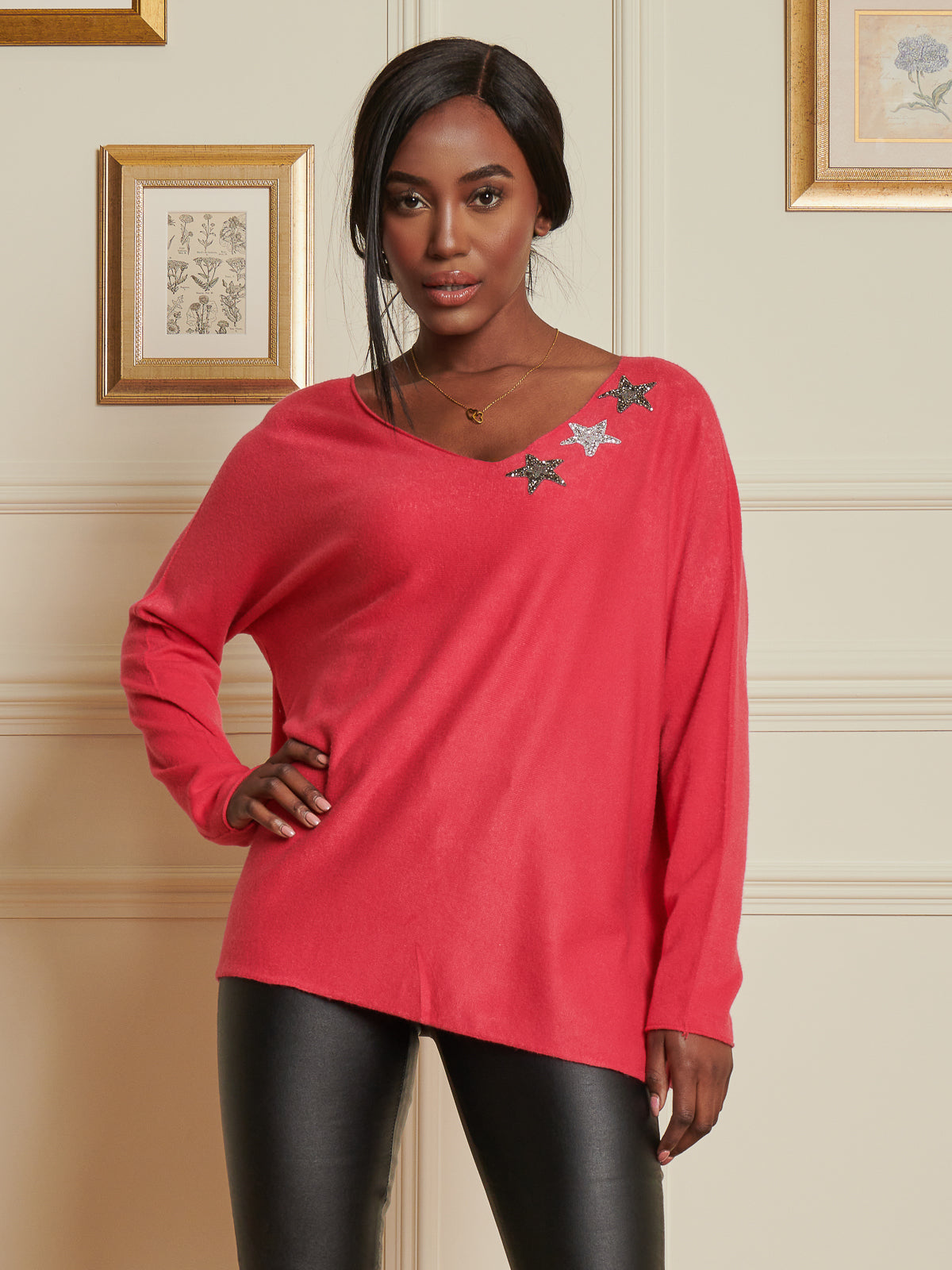 Made In Italy Knitted Rhinestone Star Neck Jumper, Punch Pink