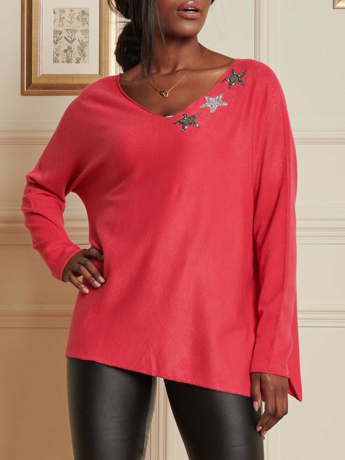 Made In Italy Knitted Rhinestone Star Neck Jumper, Punch Pink