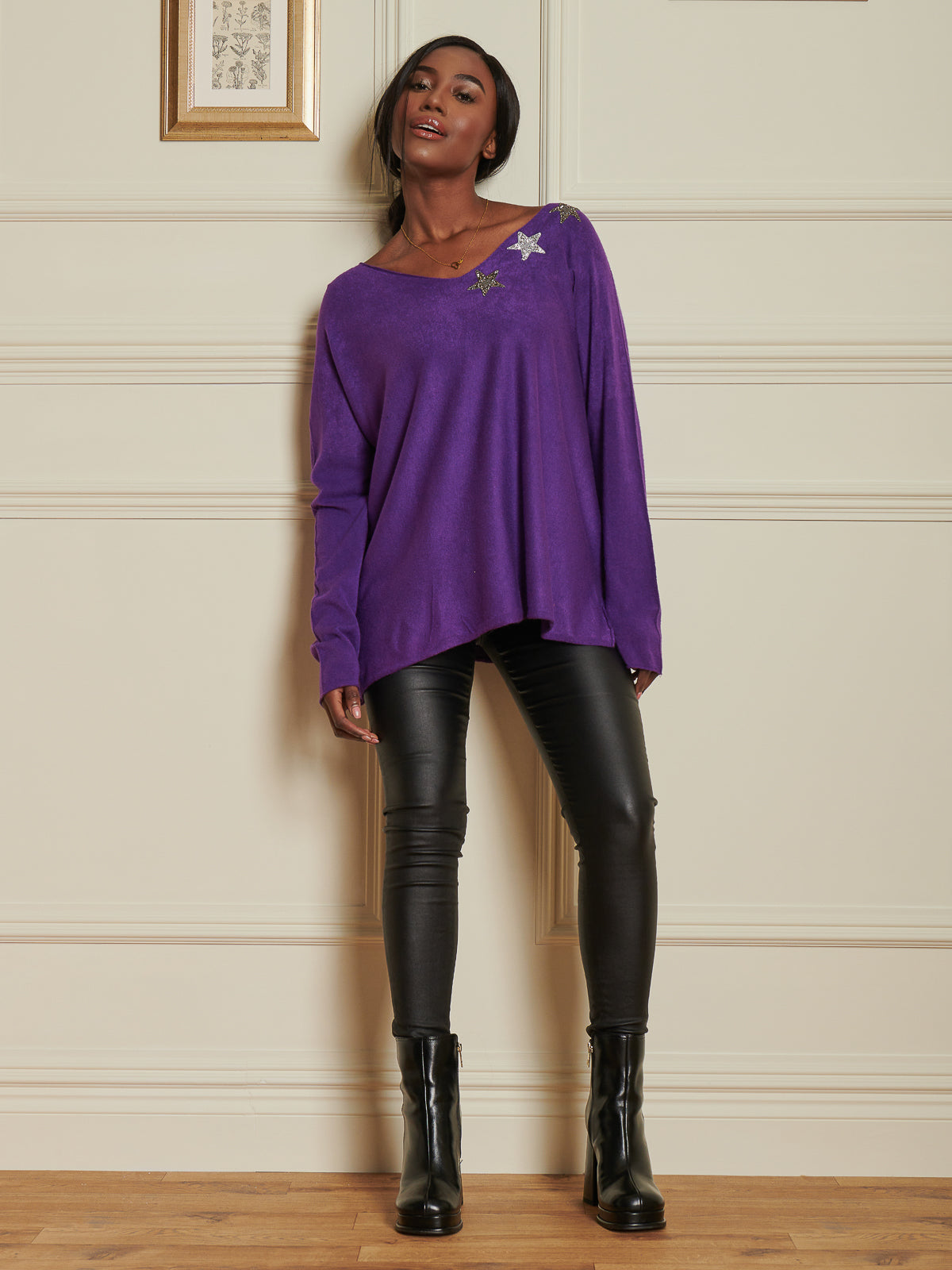 Made In Italy Knitted Rhinestone Star Neck Jumper, Purple