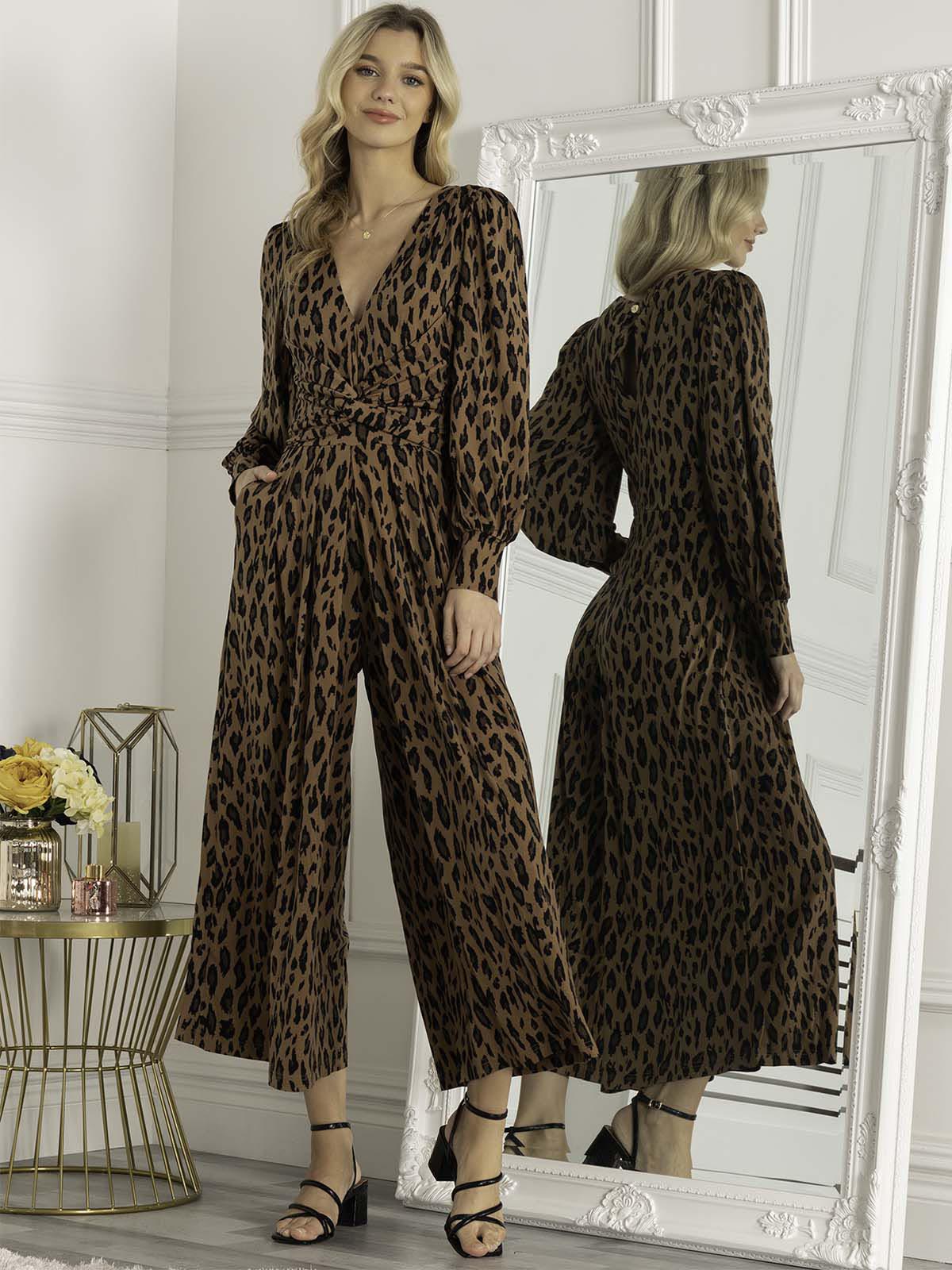 Jolie Moi Gael Long Sleeve Jumpsuit, Brown Animal