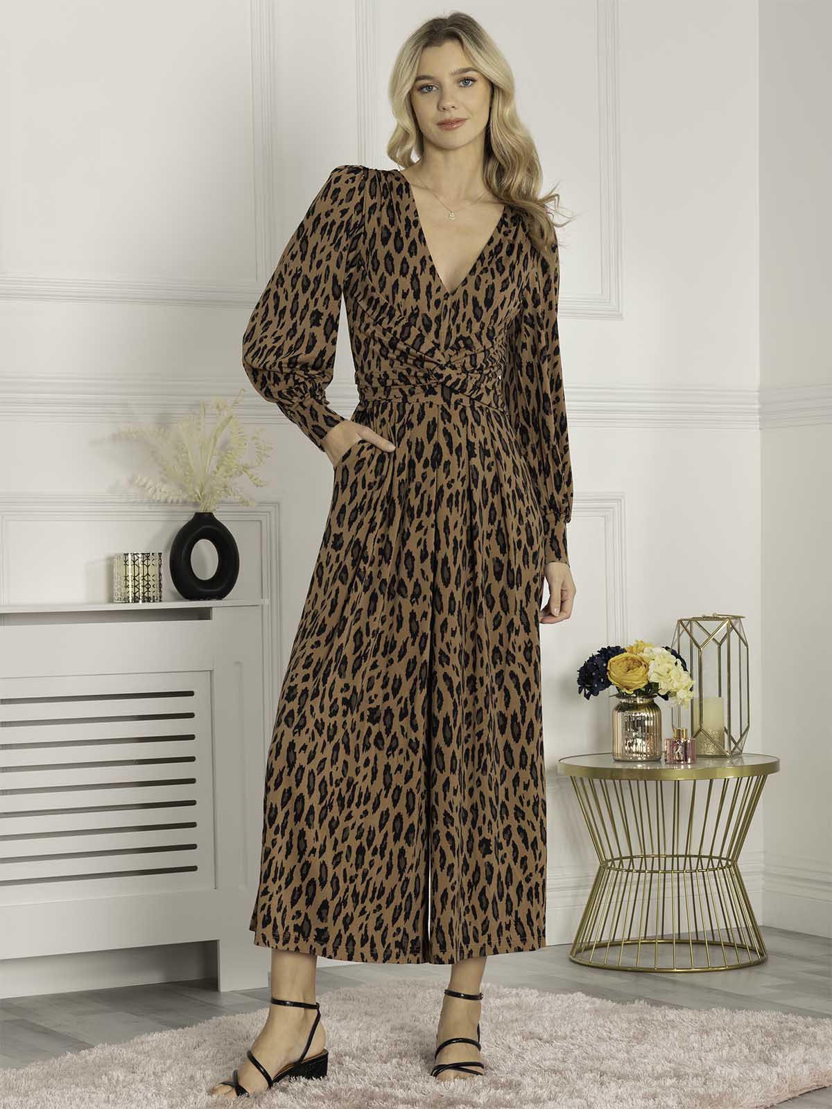 Jolie Moi Gael Long Sleeve Jumpsuit, Brown Animal