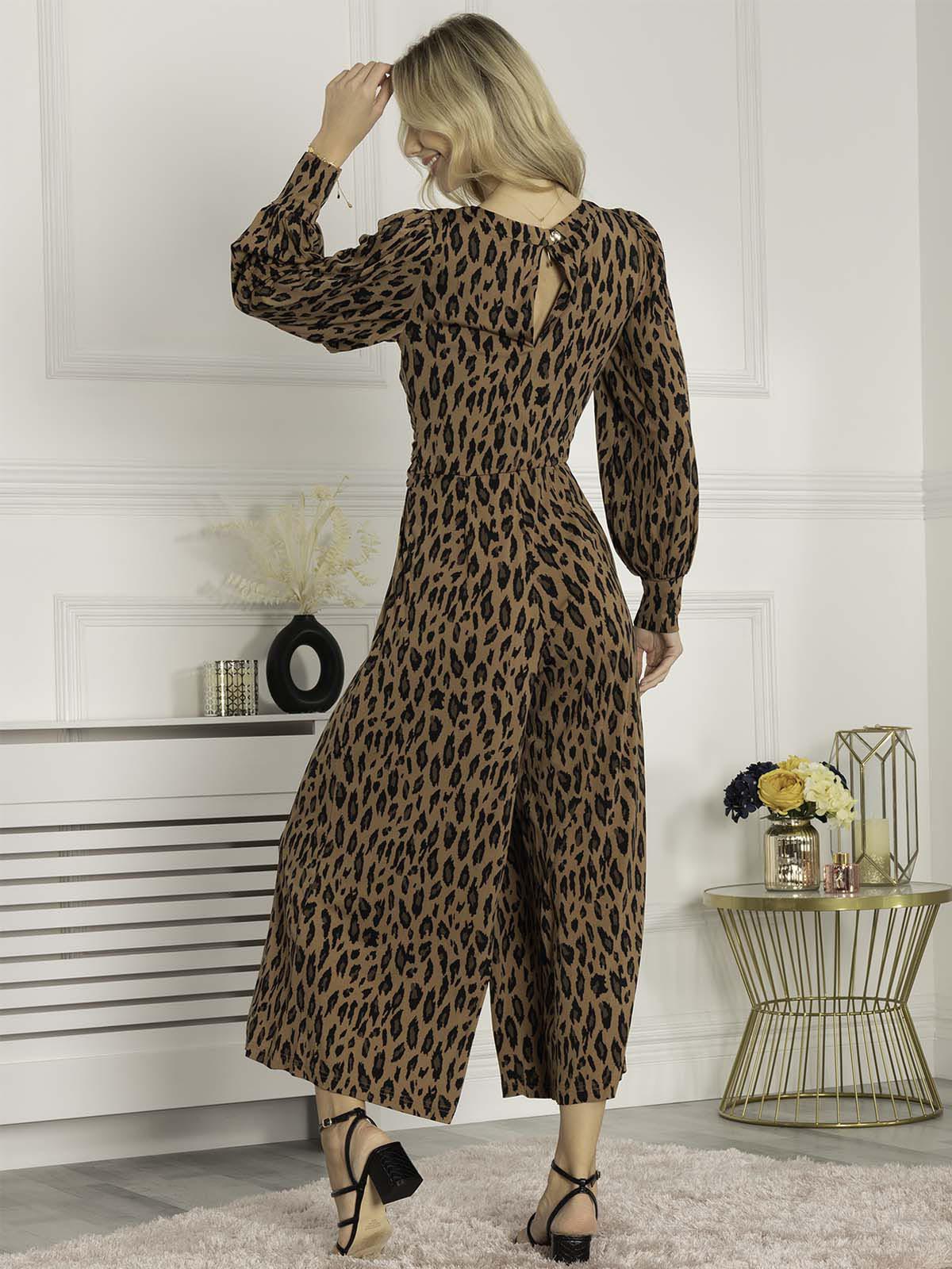 Jolie Moi Gael Long Sleeve Jumpsuit, Brown Animal