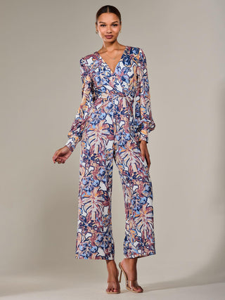 Jersey Wrap Front Long Sleeve Jumpsuit, Abstract Multi
