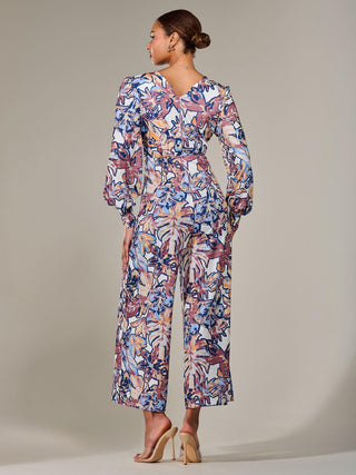 Jersey Wrap Front Long Sleeve Jumpsuit, Abstract Multi