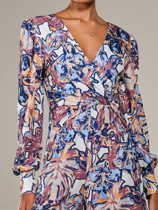 Jersey Wrap Front Long Sleeve Jumpsuit, Abstract Multi