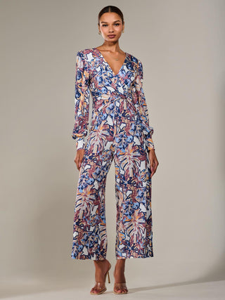 Jersey Wrap Front Long Sleeve Jumpsuit, Abstract Multi