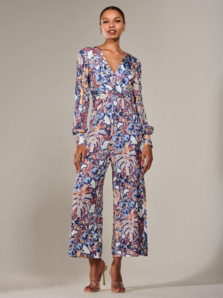 Jersey Wrap Front Long Sleeve Jumpsuit, Abstract Multi