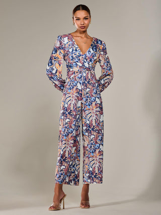 Jersey Wrap Front Long Sleeve Jumpsuit, Abstract Multi